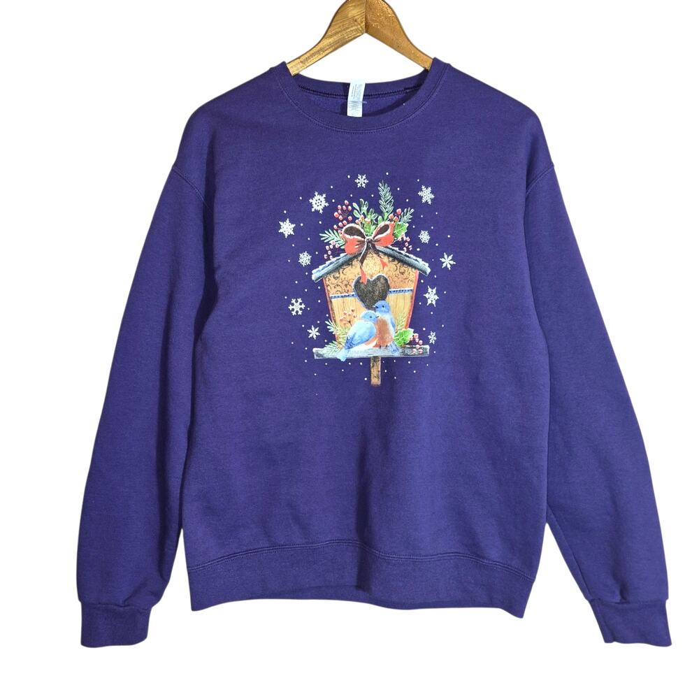 Vintage Women's Cottage Core Crew Neck Sweatshirt Birds/ Snowflakes Purple M
